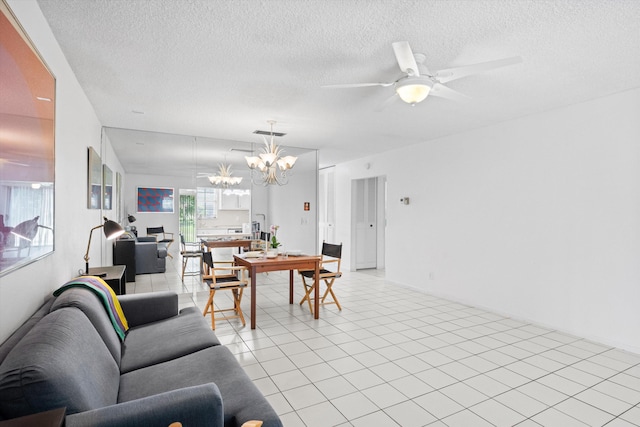 208 Cape Cod Cir, Lake Worth, FL 33467 - living room with a chandelier, a textured ceiling, light tile patterned floors, and ceiling fan