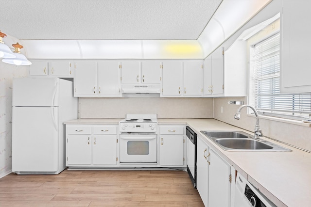 208 Cape Cod Cir, Lake Worth, FL 33467 - kitchen with white appliances, under cabinet range hood, a sink, light countertops, and light wood-type flooring