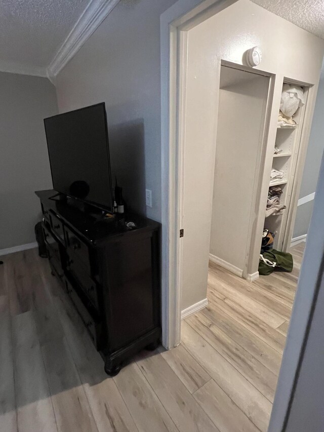 interior space featuring a textured ceiling, light wood-type flooring, ornamental molding, and baseboards
