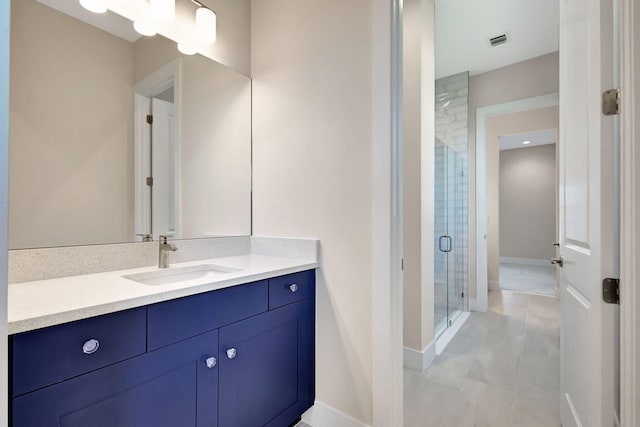 full bathroom featuring vanity, tile patterned floors, baseboards, a shower stall, and visible vents
