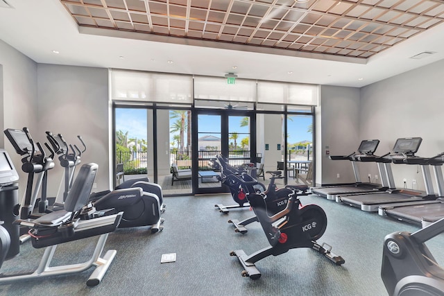 workout area featuring french doors and a tray ceiling
