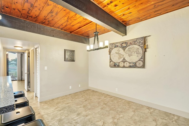 unfurnished dining area featuring wood ceiling, baseboards, beam ceiling, and a notable chandelier