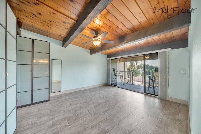 empty room with wooden ceiling, ceiling fan, baseboards, and beam ceiling