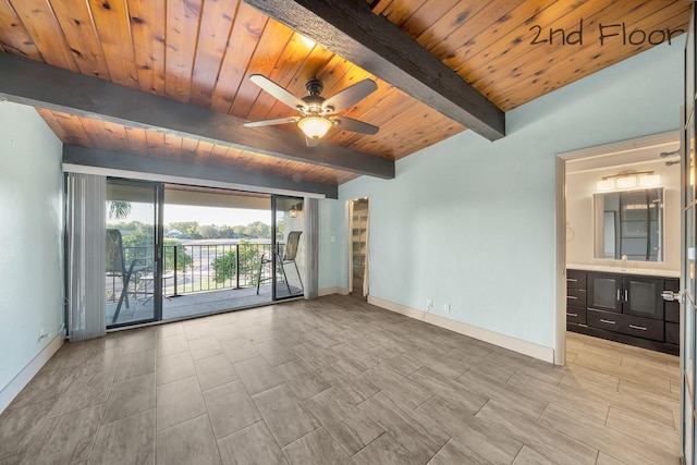 empty room featuring wood ceiling, a sink, beam ceiling, baseboards, and ceiling fan