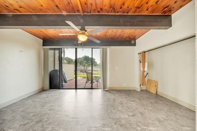 empty room featuring baseboards, beam ceiling, ceiling fan, and wooden ceiling