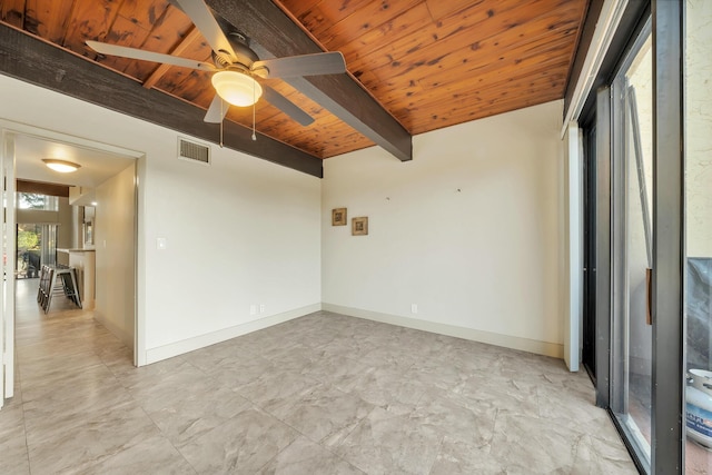 empty room featuring a ceiling fan, beam ceiling, visible vents, baseboards, and wooden ceiling