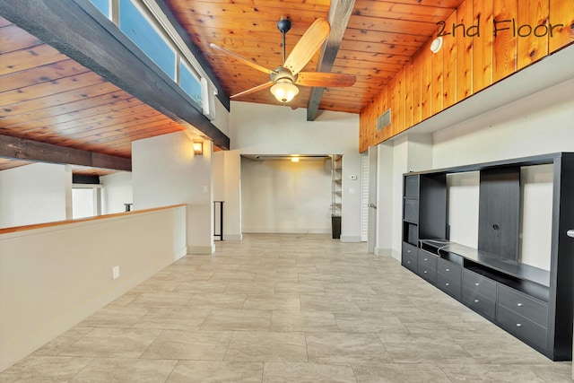 interior space featuring visible vents, ceiling fan, wood ceiling, baseboards, and vaulted ceiling with beams