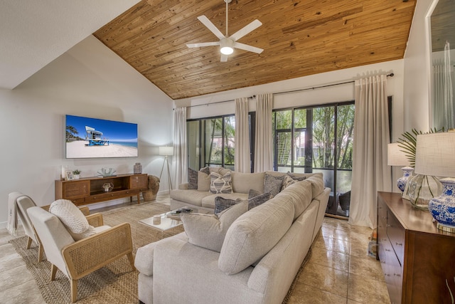 living area featuring ceiling fan, high vaulted ceiling, and wood ceiling