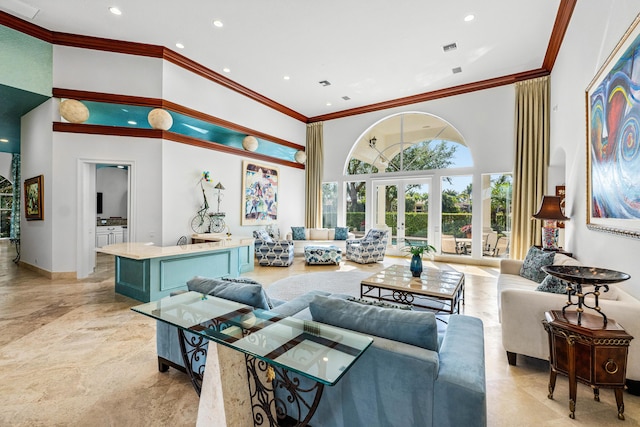 16330 Vintage Oaks Ln, Delray Beach, FL 33484 - living room with crown molding, recessed lighting, a towering ceiling, and baseboards