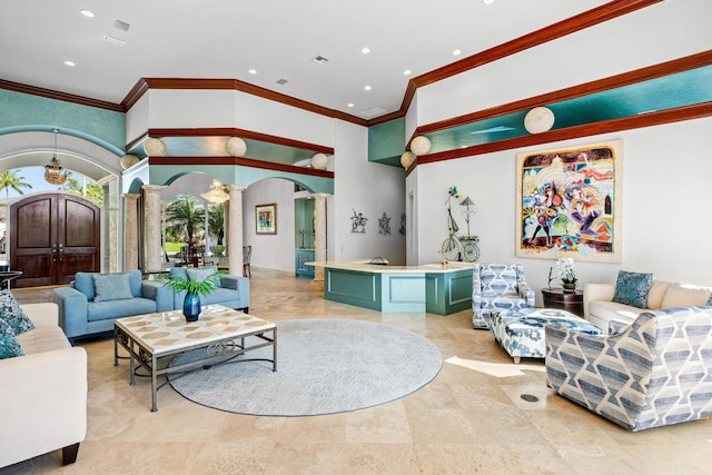 16330 Vintage Oaks Ln, Delray Beach, FL 33484 - living area with decorative columns, arched walkways, crown molding, recessed lighting, and marble tiled floors