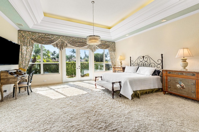 16330 Vintage Oaks Ln, Delray Beach, FL 33484 - carpeted bedroom featuring a raised ceiling, ornamental molding, access to outside, a chandelier, and french doors