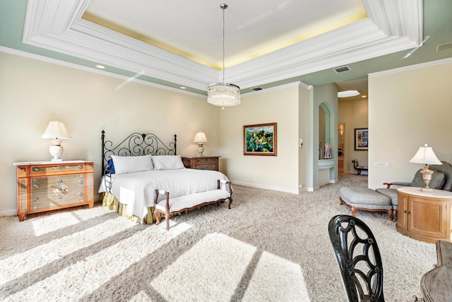 16330 Vintage Oaks Ln, Delray Beach, FL 33484 - carpeted bedroom with a tray ceiling, ornamental molding, arched walkways, and baseboards