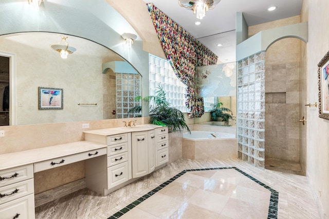 16330 Vintage Oaks Ln, Delray Beach, FL 33484 - bathroom with vanity, a bath, a walk in shower, inlaid floor details, and recessed lighting