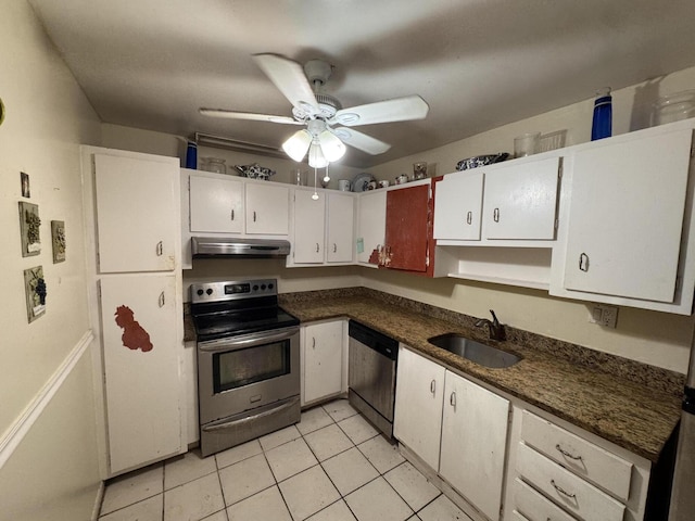 1400 Saint Charles Pl Unit 317, Pembroke Pines, FL 33026 - kitchen with stainless steel appliances, a sink, under cabinet range hood, white cabinetry, and a ceiling fan