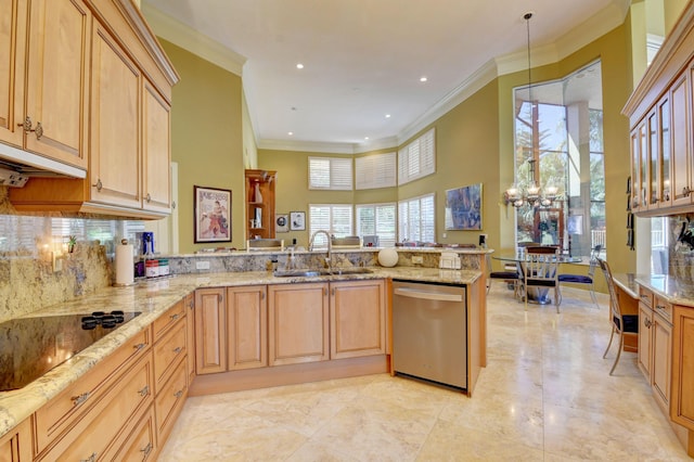 kitchen with stainless steel dishwasher, ornamental molding, a peninsula, light stone counters, and a sink