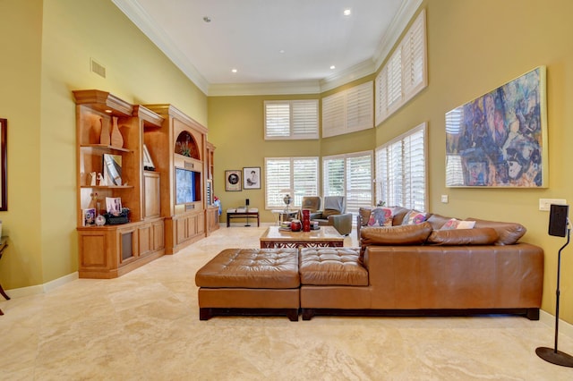 living room with crown molding, visible vents, baseboards, a high ceiling, and recessed lighting