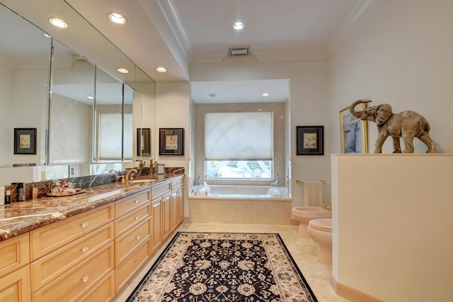 bathroom with a garden tub, a bidet, visible vents, ornamental molding, and recessed lighting