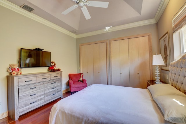 bedroom featuring two closets, a tray ceiling, visible vents, and dark wood-style floors