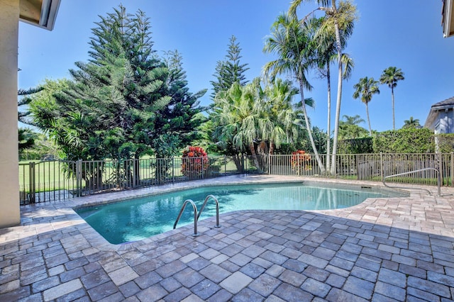 view of swimming pool featuring a fenced in pool, a patio area, and fence