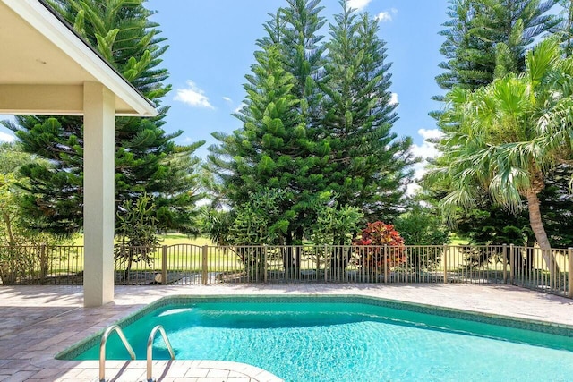 view of pool with a fenced in pool, fence, and a patio area
