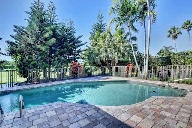 view of pool featuring a fenced in pool, a playground, and fence