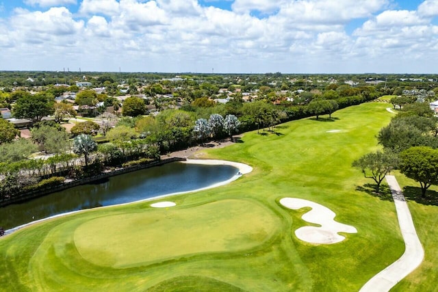 bird's eye view with a residential view, a water view, and golf course view