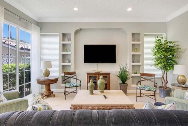 254 Village Blvd Unit 4207, Tequesta, FL 33469 - living room with built in features, ornamental molding, tile patterned flooring, recessed lighting, and baseboards