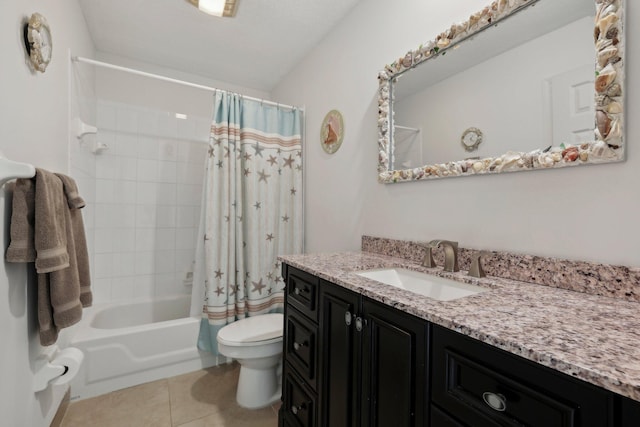 full bath featuring vanity, tile patterned flooring, shower / bath combo with shower curtain, and toilet