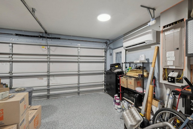 garage featuring electric panel and an AC wall unit
