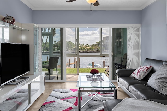 105 NE 19th Ave Unit 164, Deerfield Beach, FL 33441 - living room featuring a water view, ornamental molding, and a ceiling fan