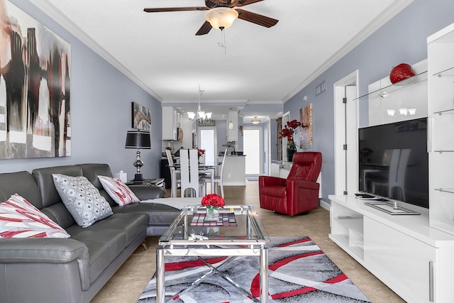 105 NE 19th Ave Unit 164, Deerfield Beach, FL 33441 - living room with ornamental molding and ceiling fan with notable chandelier
