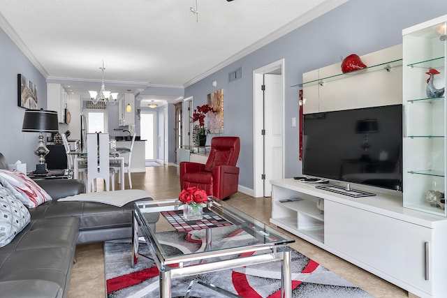 105 NE 19th Ave Unit 164, Deerfield Beach, FL 33441 - living area with visible vents, ornamental molding, and a notable chandelier
