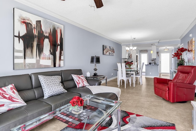 105 NE 19th Ave Unit 164, Deerfield Beach, FL 33441 - living area with a textured ceiling, ornamental molding, baseboards, and ceiling fan with notable chandelier