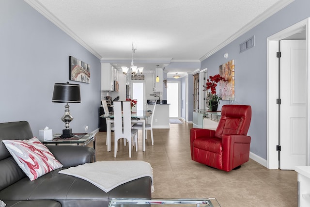 105 NE 19th Ave Unit 164, Deerfield Beach, FL 33441 - living room with a textured ceiling, visible vents, crown molding, baseboards, and an inviting chandelier