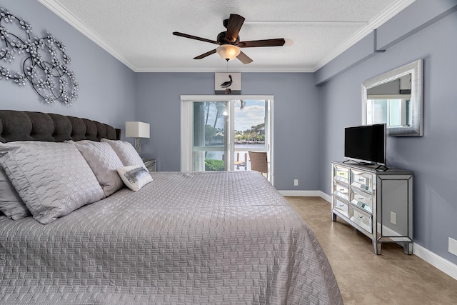 105 NE 19th Ave Unit 164, Deerfield Beach, FL 33441 - bedroom with ceiling fan, baseboards, ornamental molding, and a textured ceiling