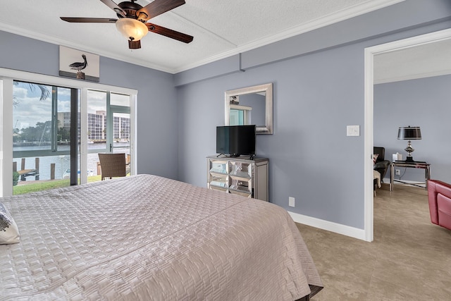 105 NE 19th Ave Unit 164, Deerfield Beach, FL 33441 - carpeted bedroom with a water view, baseboards, ornamental molding, and a textured ceiling