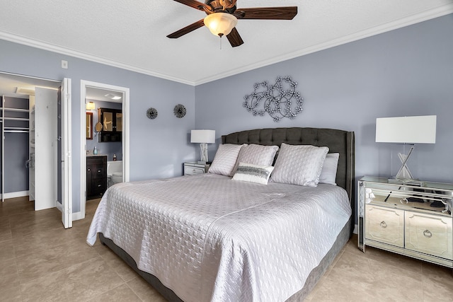 105 NE 19th Ave Unit 164, Deerfield Beach, FL 33441 - tiled bedroom featuring crown molding, a closet, ceiling fan, connected bathroom, and a spacious closet