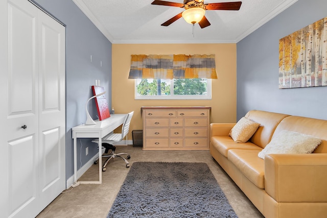 105 NE 19th Ave Unit 164, Deerfield Beach, FL 33441 - office space with crown molding, a ceiling fan, and a textured ceiling