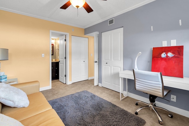 105 NE 19th Ave Unit 164, Deerfield Beach, FL 33441 - office with visible vents, a ceiling fan, baseboards, and crown molding