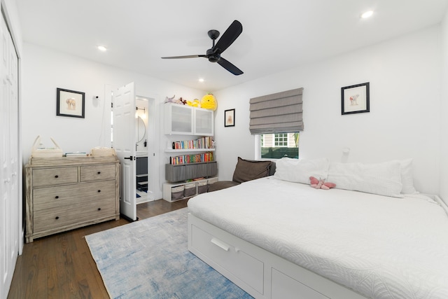 425 32nd St, West Palm Beach, FL 33407 - bedroom featuring dark wood finished floors, recessed lighting, and a ceiling fan