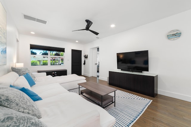 425 32nd St, West Palm Beach, FL 33407 - living room featuring ceiling fan, wood finished floors, baseboards, and recessed lighting
