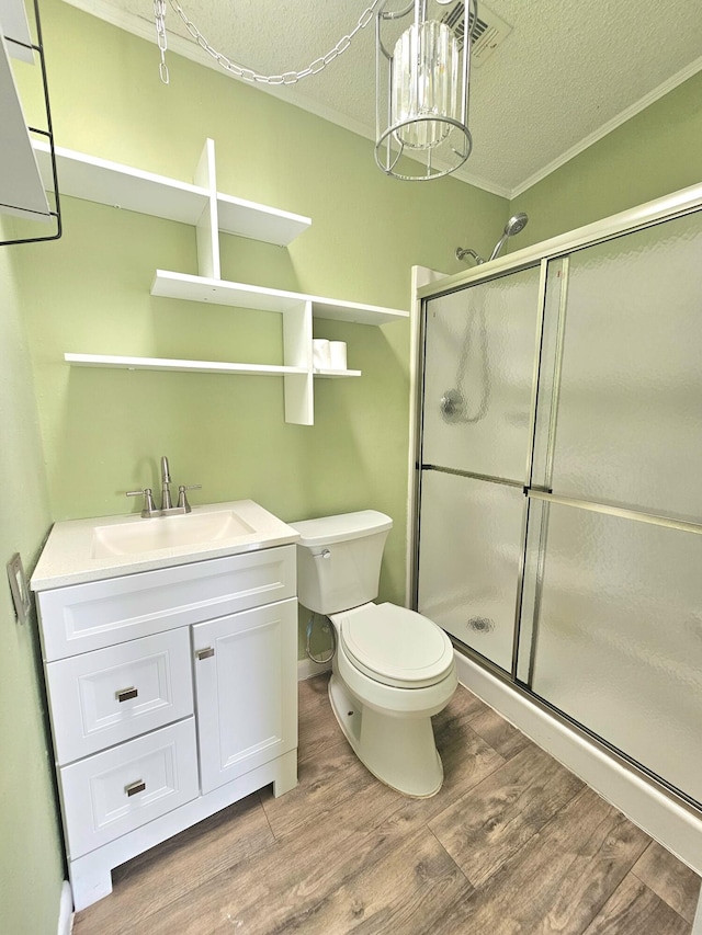 17120 NW 38th Ave, Okeechobee, FL 34972 - bathroom featuring wood finished floors, a shower stall, toilet, vanity, and a textured ceiling