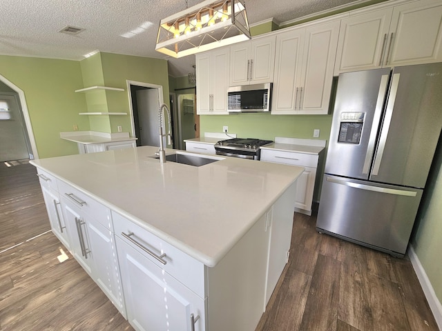 17120 NW 38th Ave, Okeechobee, FL 34972 - kitchen with white cabinetry, appliances with stainless steel finishes, a sink, dark wood-style floors, and a center island with sink