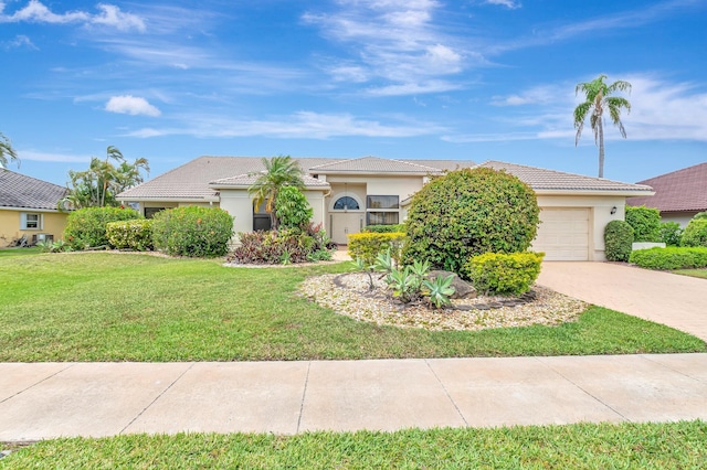 single story home featuring a tile roof, a front lawn, concrete driveway, an attached garage, and stucco siding