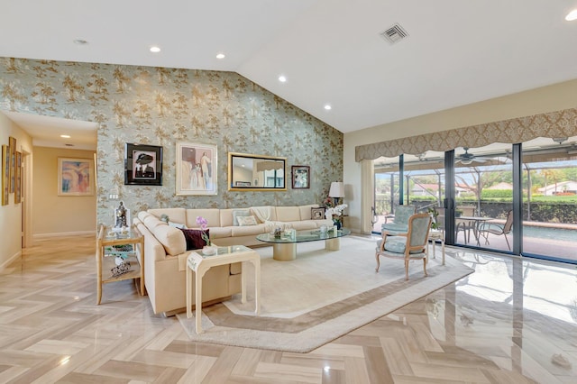 living area with visible vents, baseboards, wallpapered walls, recessed lighting, and a ceiling fan