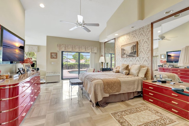 bedroom featuring high vaulted ceiling, a ceiling fan, recessed lighting, and access to exterior