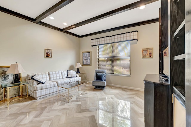 living area featuring baseboards, beamed ceiling, and recessed lighting