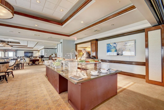 home office featuring baseboards, ornamental molding, light carpet, a tray ceiling, and recessed lighting