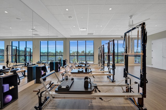 exercise room featuring a water view, a drop ceiling, and wood finished floors