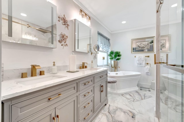 full bath featuring crown molding, a sink, marble finish floor, and double vanity